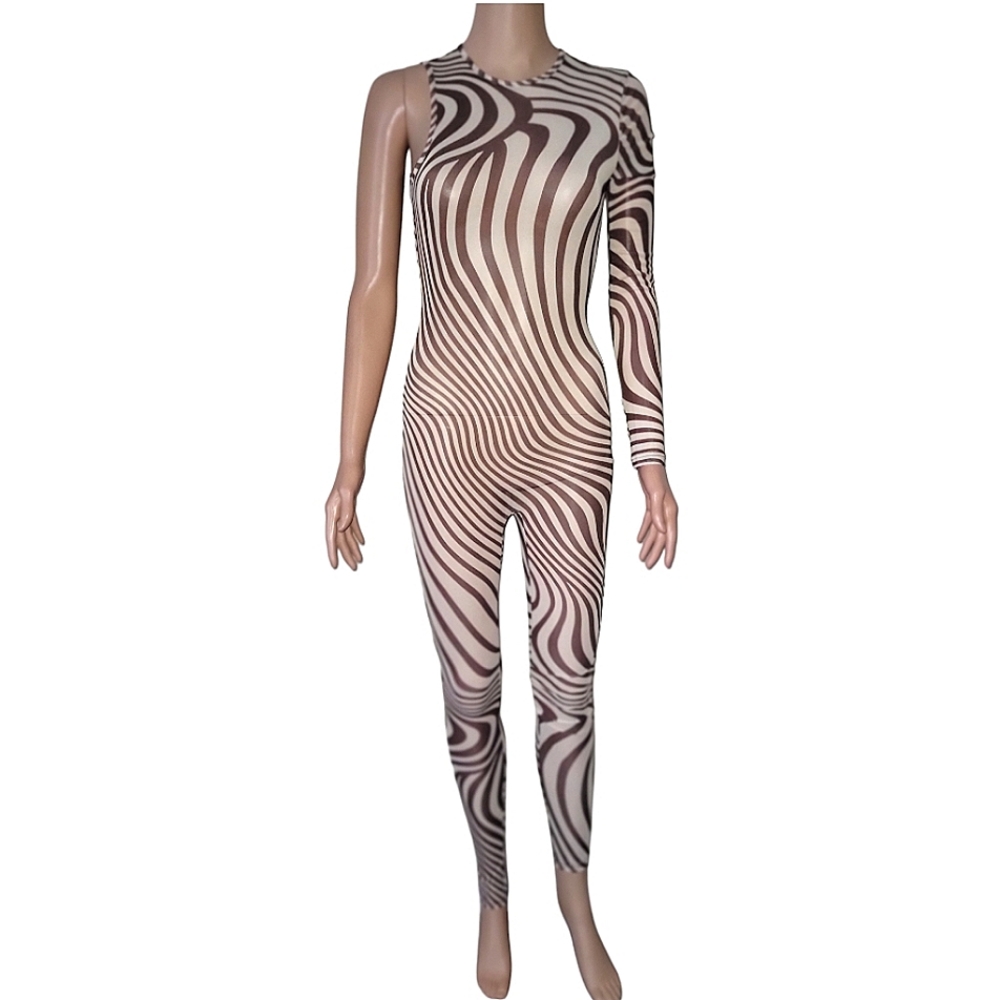 Nude and Brown sheer asymmetrical jumpsuit.